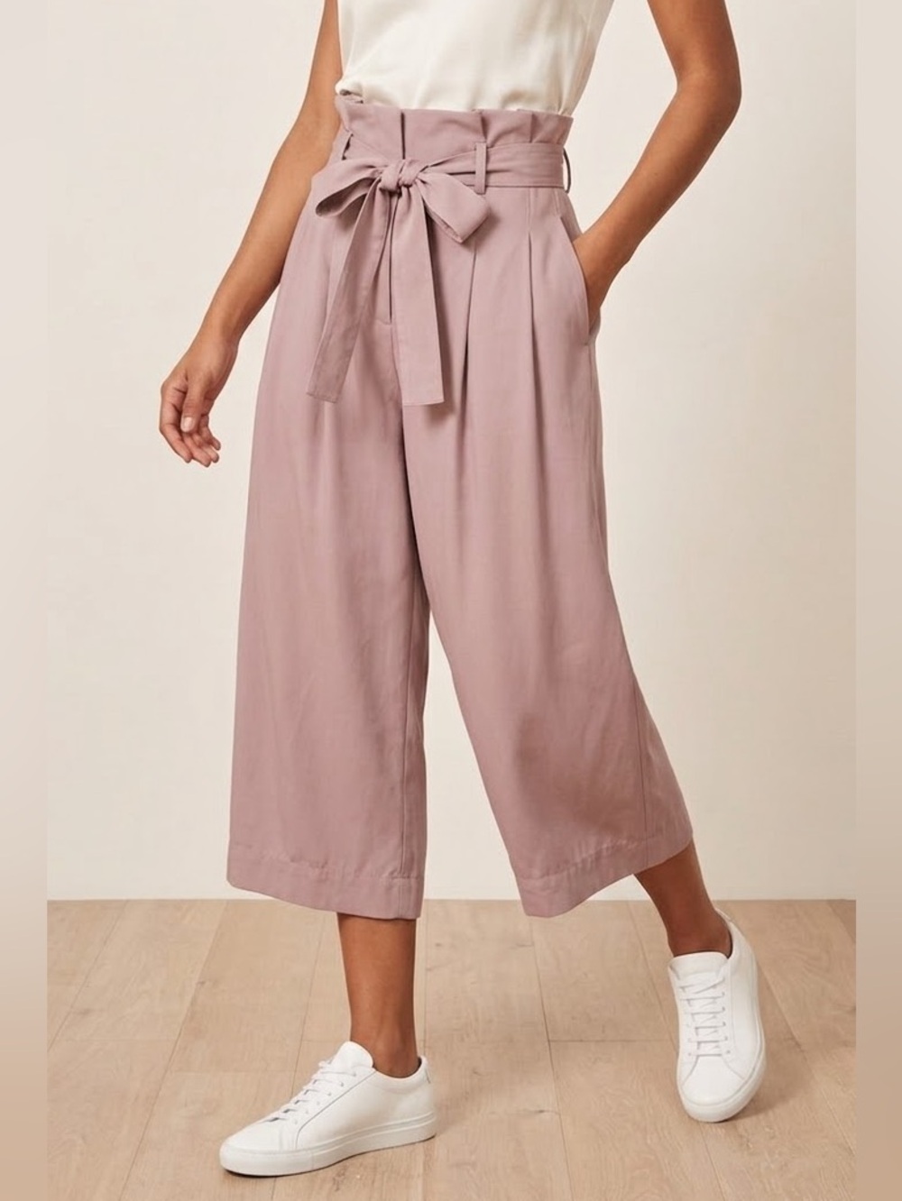 COS High Waist Wide Leg Culottes Dusty Pink Paperbag Cropped Pants  Sz 10-12